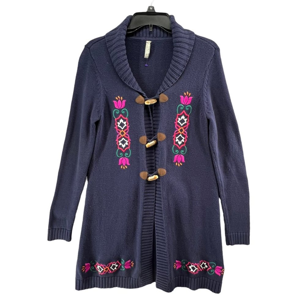 Hanna Andersson Navy Cardigan Sweater with Pink & Green Embroidery